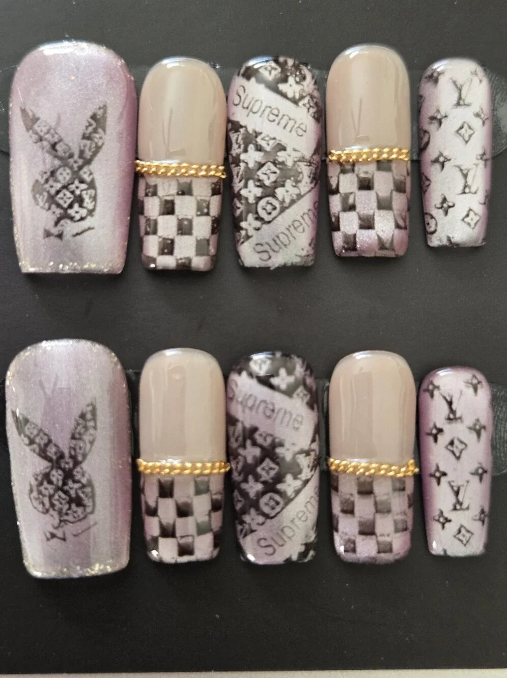 Luxury Pink Glitter Press-On Nails with Gold Accent Chain
